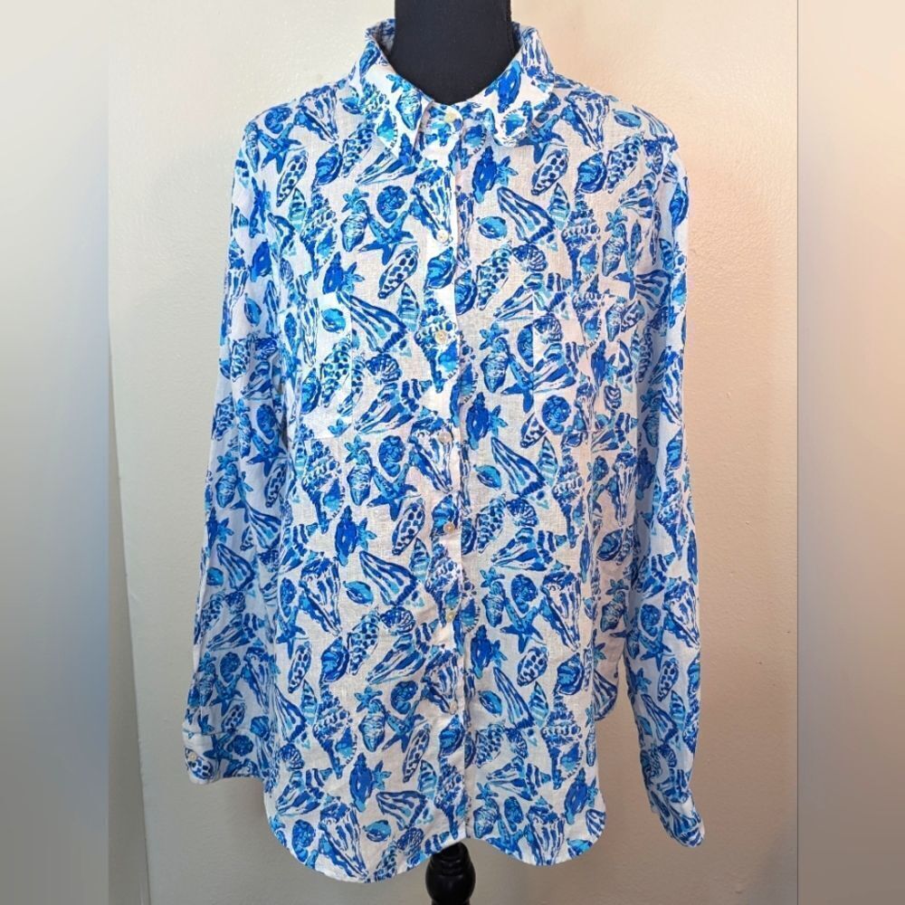 Lilly Pulitzer Resort Shell Coastal Cowgirl Beachy Chic Tropical Linen Top L - Picture 3 of 10